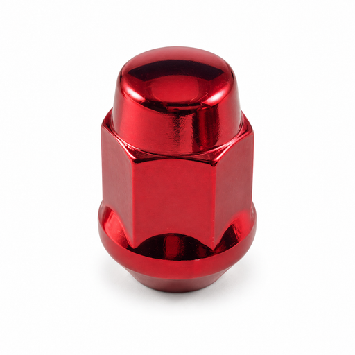 Red 1/2-20 bulge acorn lug nut with a closed rounded cap and tapered base.