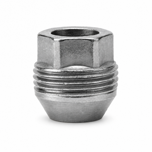 Small silver M12x1.5 lug nut for GM with an open threaded bore and external thread band.