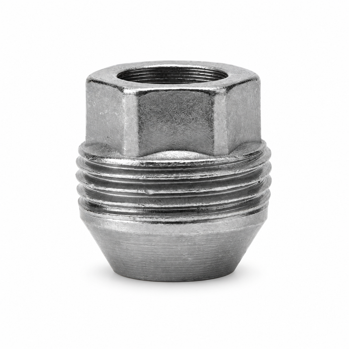 Small silver M12x1.5 lug nut for GM with an open threaded bore and external thread band.