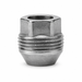 Small silver M12x1.5 lug nut for GM with an open threaded bore and external thread band.