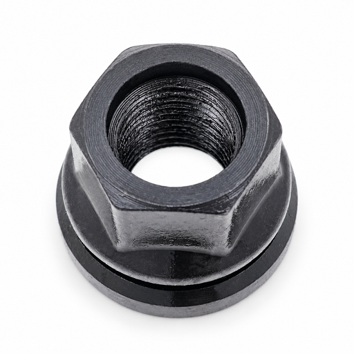 Dark gray 1/2-inch lug nut for Ford with an open threaded center, hex body and broad attached washer.