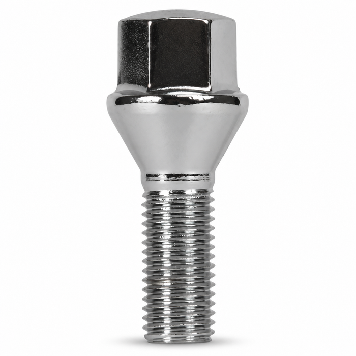 Silver M12x1.25 lug bolt with conical seat, 40 mm shank and hex head.