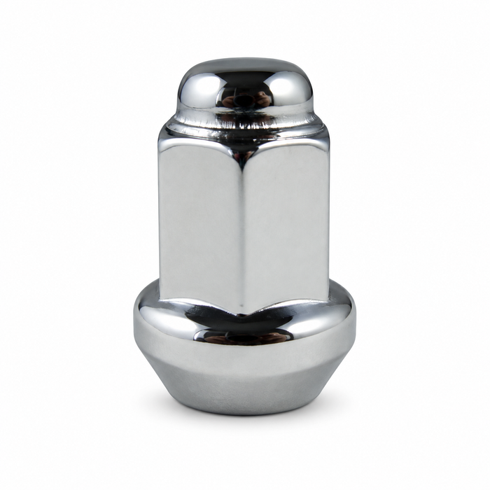 Silver 3/8-24 ATV bulge lug nut with a closed cap and broad tapered seat.