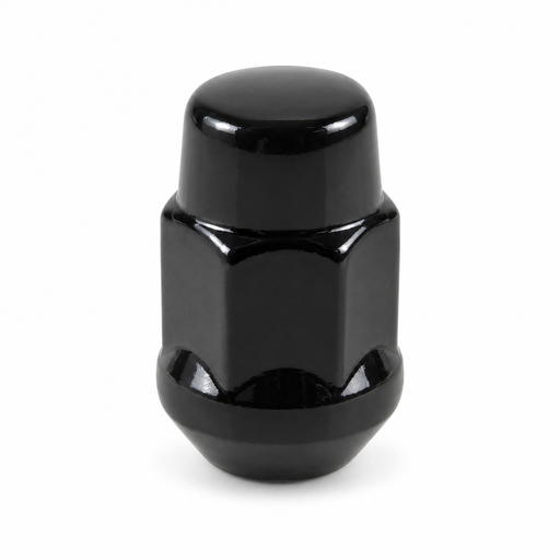 Black M12x1.5 bulge acorn lug nut with a closed rounded cap and tapered base.