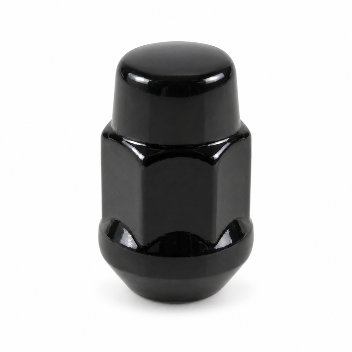 Black M12x1.5 bulge acorn lug nut with a closed rounded cap and tapered base.