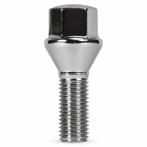 Silver M14x1.25 lug bolt with conical seat, 38 mm shank and hex head.