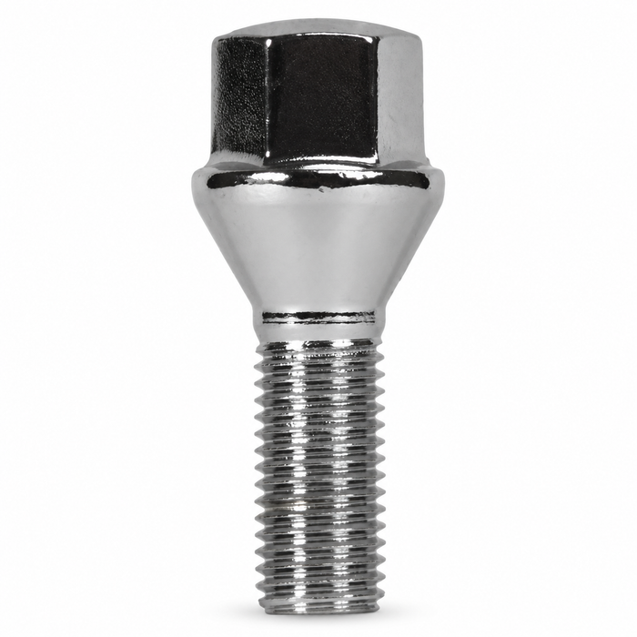 Silver M14x1.25 lug bolt with conical seat, 38 mm shank and hex head.