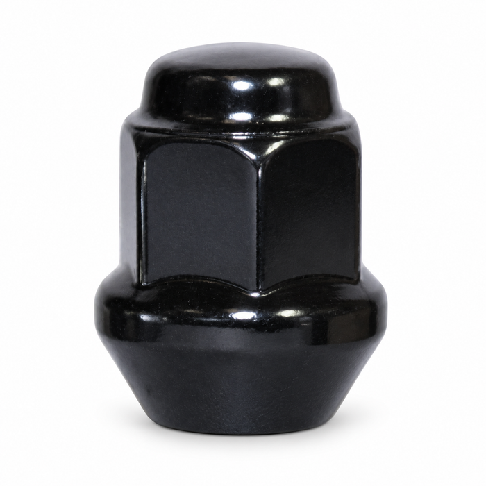 Black 3/8-24 ATV bulge lug nut with a closed cap and broad tapered seat.