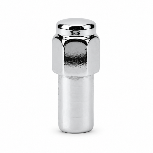 Silver M12x1.25 long Cragar-style mag lug nut with a closed cap and extended cylindrical shank.