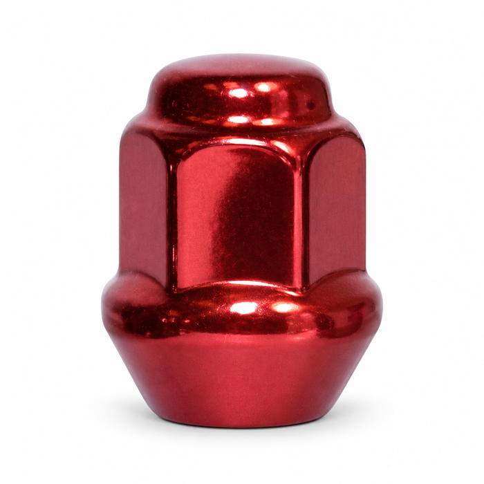 Glossy red 3/8-24 ATV bulge lug nut with a closed cap, hex body and tapered seat.