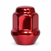 Glossy red 3/8-24 ATV bulge lug nut with a closed cap, hex body and tapered seat.