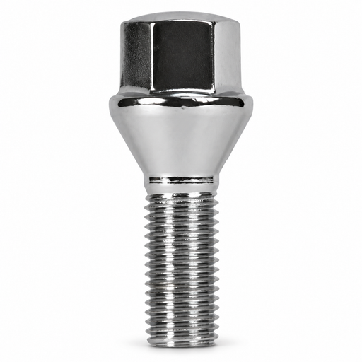 Silver M14x1.25 lug bolt with conical seat, 33 mm shank and hex head.