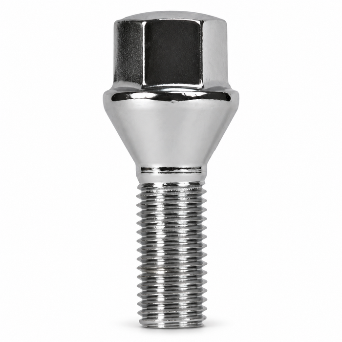 Silver M14x1.25 lug bolt with conical seat, 33 mm shank and hex head.