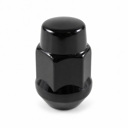Black M12x1.25 bulge acorn lug nut with a closed rounded cap and tapered base.