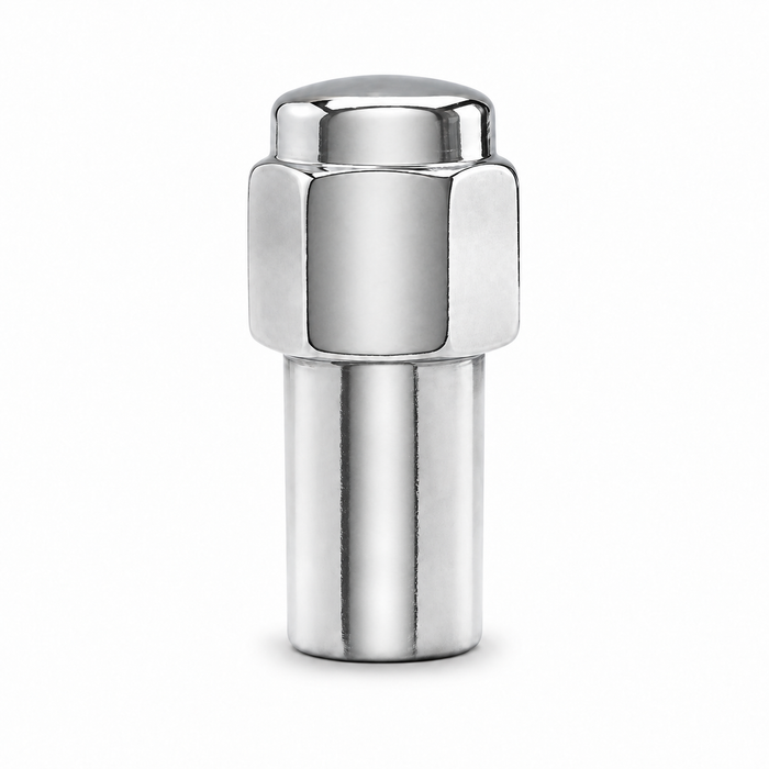 Silver 1/2" left-hand Cragar extended mag lug nut with a closed cap and cylindrical shank.