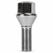 Silver M14x1.25 lug bolt with conical seat, 50 mm shank and hex head.