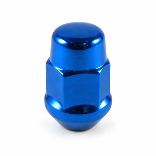 Blue 7/16" bulge acorn lug nut with a closed rounded cap and tapered base.
