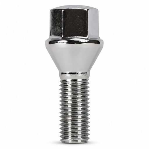 Silver M12x1.5 lug bolt with conical seat, 55 mm shank and hex head.