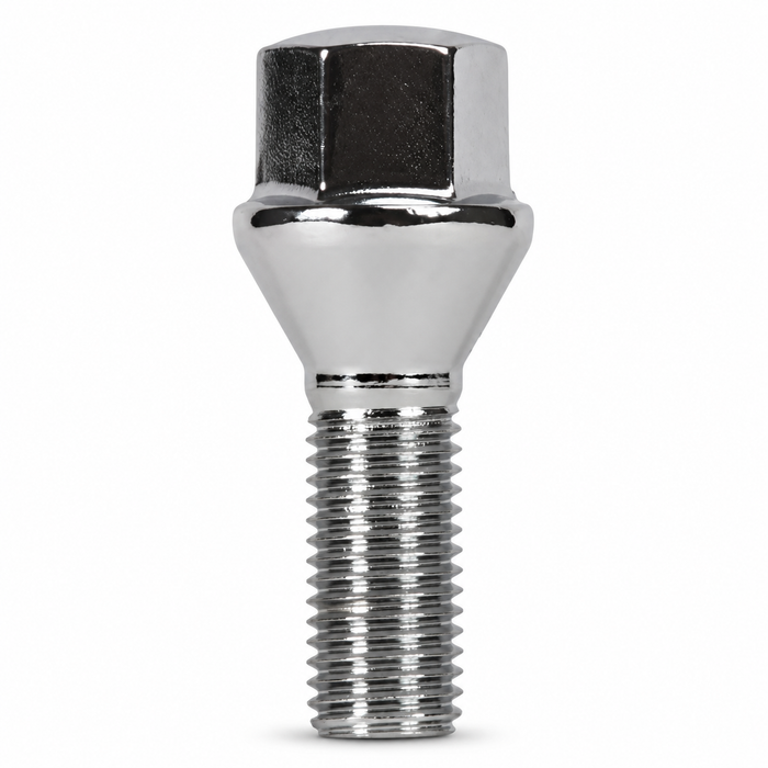 Silver M12x1.5 lug bolt with conical seat, 55 mm shank and hex head.