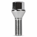 Silver M12x1.5 lug bolt with conical seat, 55 mm shank and hex head.
