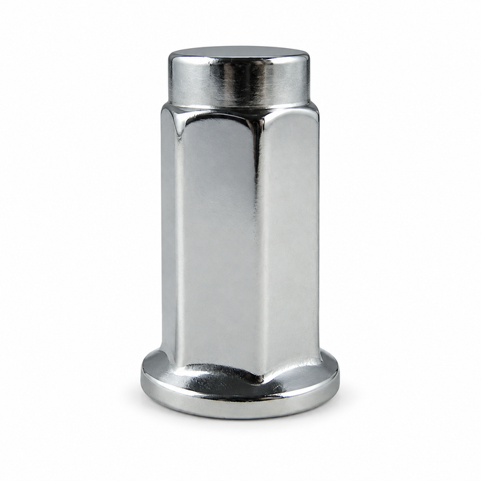 Silver 3/8-24 ATV flat-seat lug nut with a closed cap and circular base flange.
