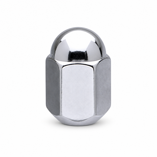 Silver 9/16-inch short dualie acorn lug nut with a rounded closed dome and hex body.