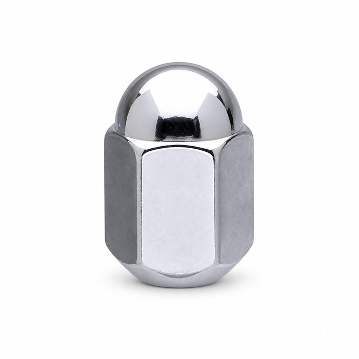 Silver 9/16-inch short dualie acorn lug nut with a rounded closed dome and hex body.