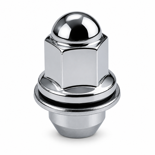 Silver mag lug nut for Toyota and Mitsubishi with a domed closed crown, hex body and attached washer.