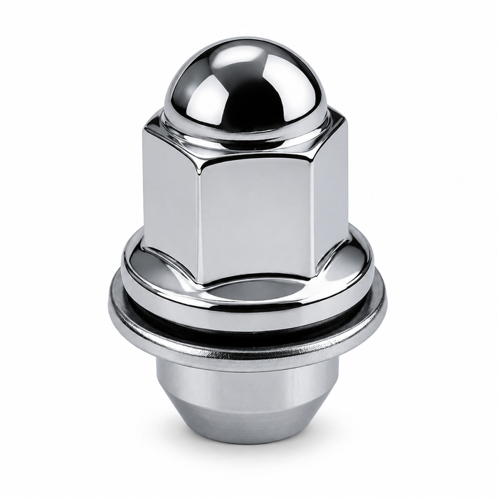 Silver mag lug nut for Toyota and Mitsubishi with a domed closed crown, hex body and attached washer.