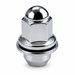 Silver mag lug nut for Toyota and Mitsubishi with a domed closed crown, hex body and attached washer.