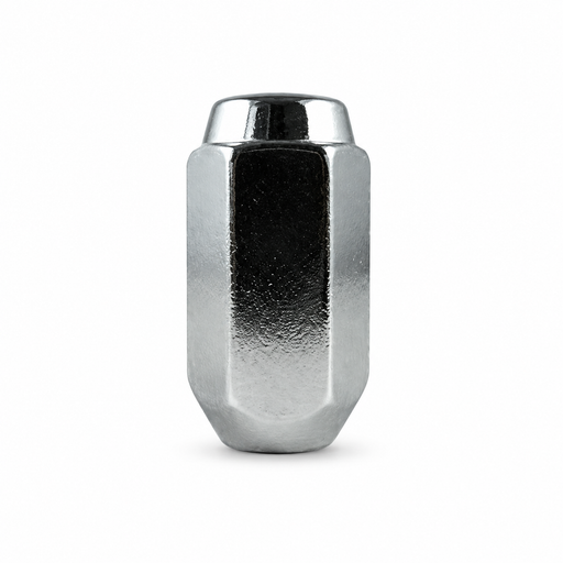 Silver M14x2 solid one-piece long acorn lug nut with a closed cap, extended hex body and tapered seat.