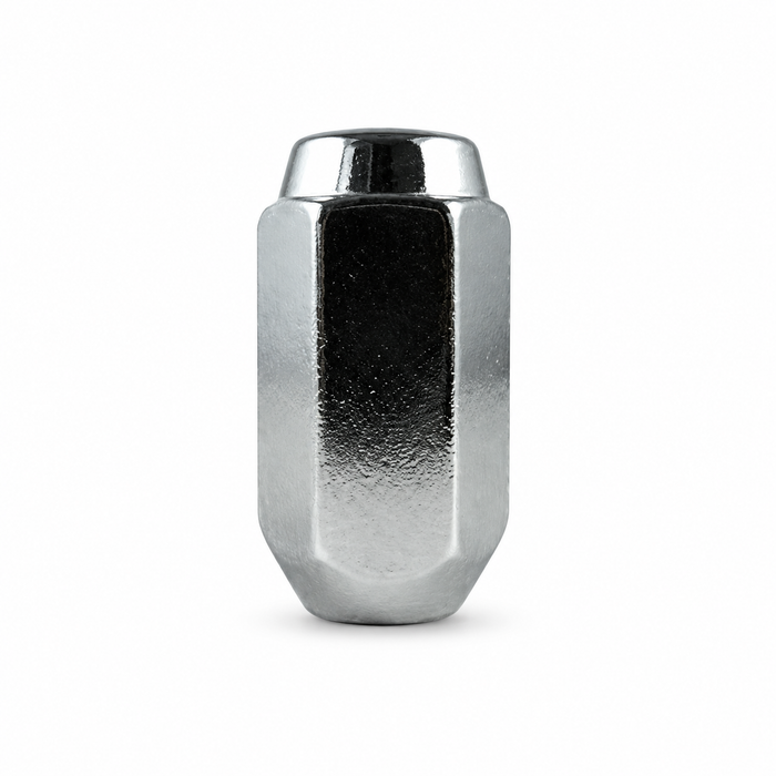 Silver M14x2 solid one-piece long acorn lug nut with a closed cap, extended hex body and tapered seat.