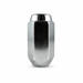 Silver M14x2 solid one-piece long acorn lug nut with a closed cap, extended hex body and tapered seat.