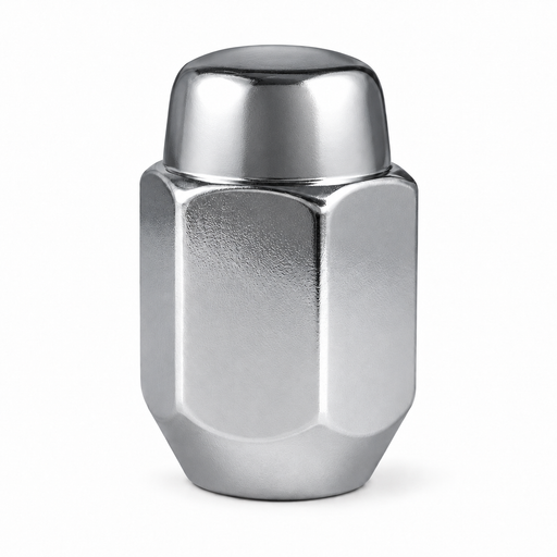 Silver acorn lug nut with 1/2" left-hand thread, a closed cap and tapered seat.