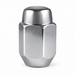 Silver acorn lug nut with 1/2" left-hand thread, a closed cap and tapered seat.