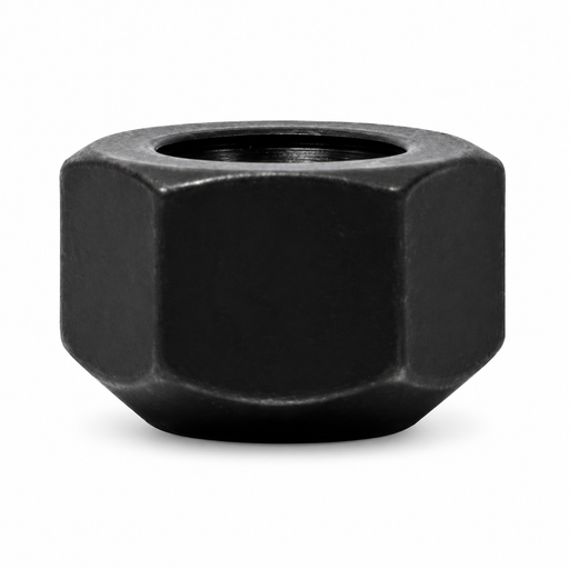 Black M16x1.5 open-end lug nut for Land Rover with a broad hex body and visible threaded opening.