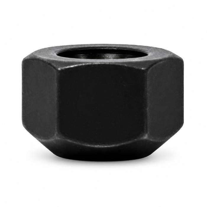 Black M16x1.5 open-end lug nut for Land Rover with a broad hex body and visible threaded opening.