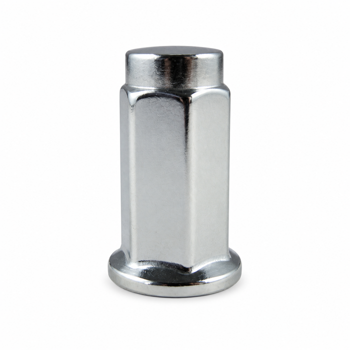 Silver M10x1.25 ATV flat-seat lug nut with a closed cap and circular base flange.