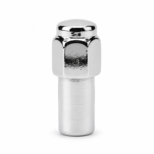 Silver 1/2-20 long Cragar-style mag lug nut with a closed cap and extended cylindrical shank.