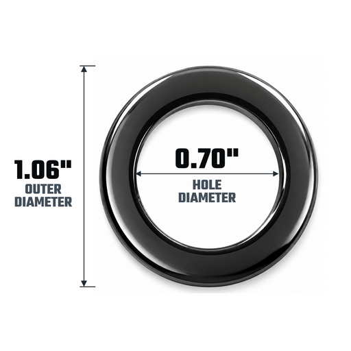 Black standard mag lug nut washer diagram: 1.06-inch outer diameter and 0.70-inch hole diameter.